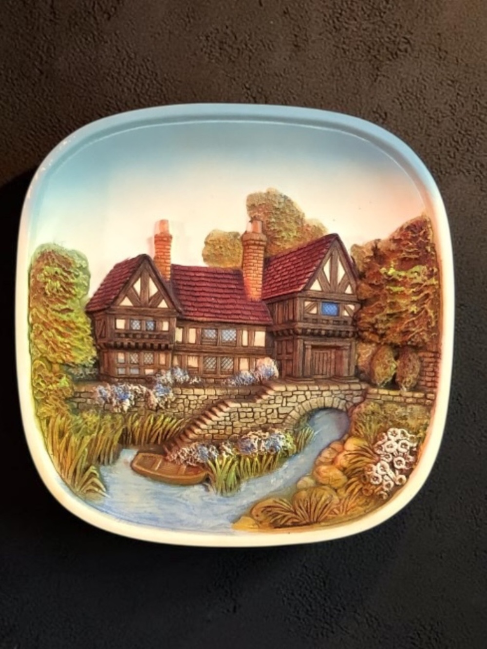 Vintage 3D Chalkware Plaques of English Cottage Scenes (Set of 2)